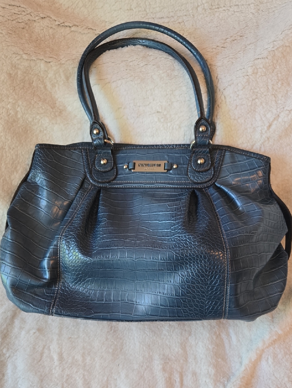 Nine West Blue Croc-Embossed Tote Bag